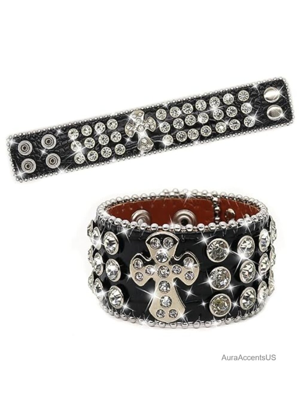 Rhinestone Studded Leather Cuff Bracelet Punk Cross Design Unisex